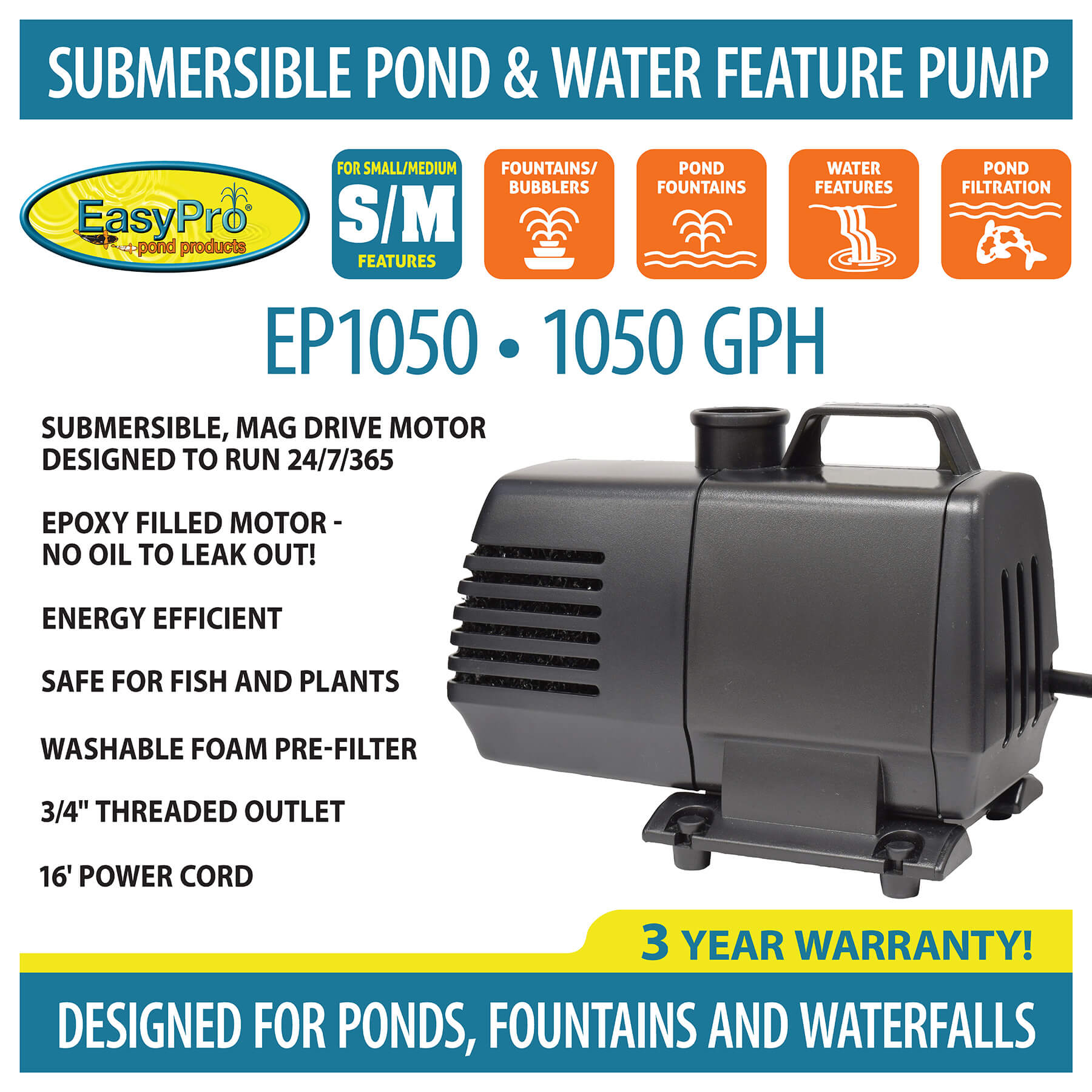 EasyPro Submersible Magnetic Drive Pump 1050 GPH EP1050