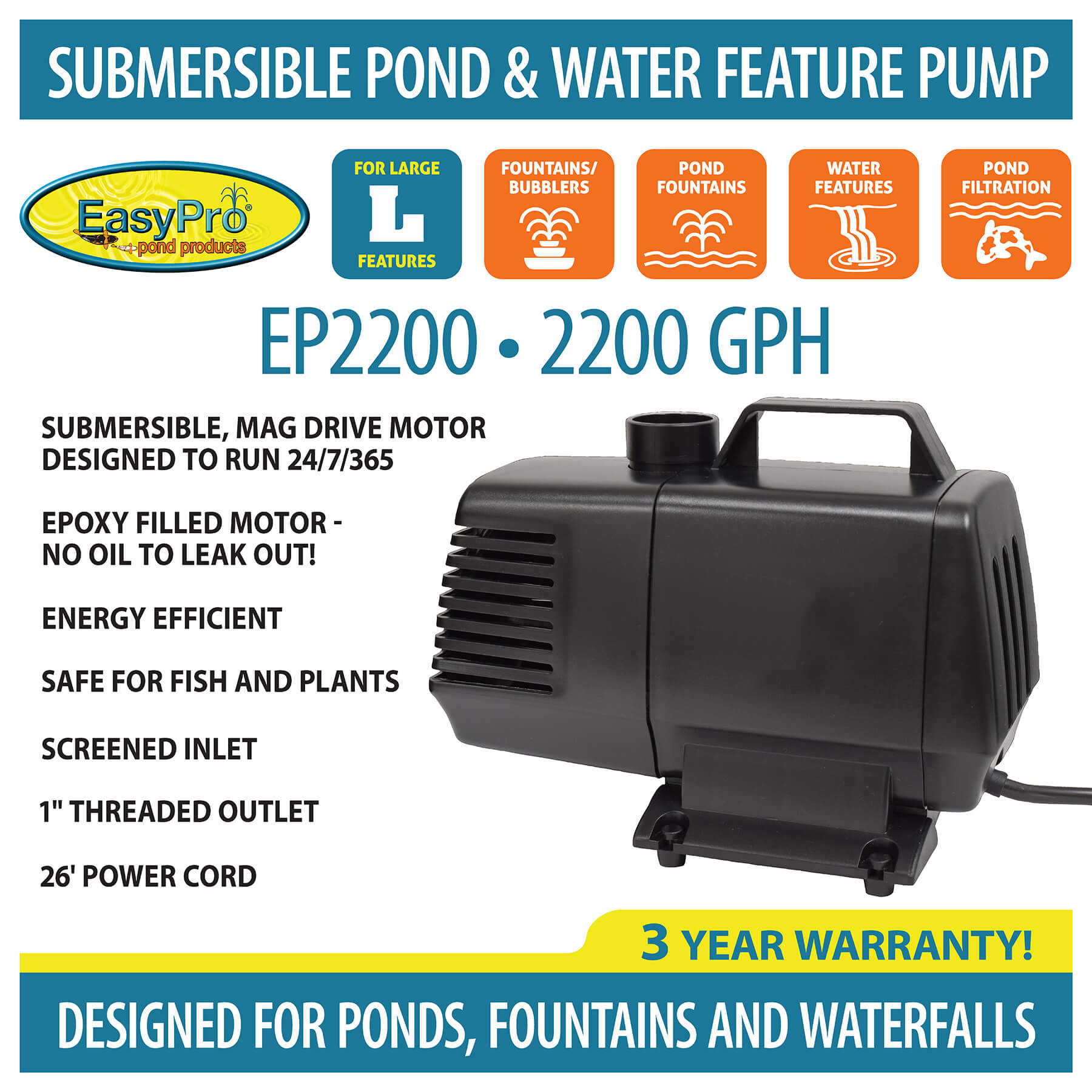 EasyPro Submersible Magnetic Drive Pump 2200 GPH EP2200