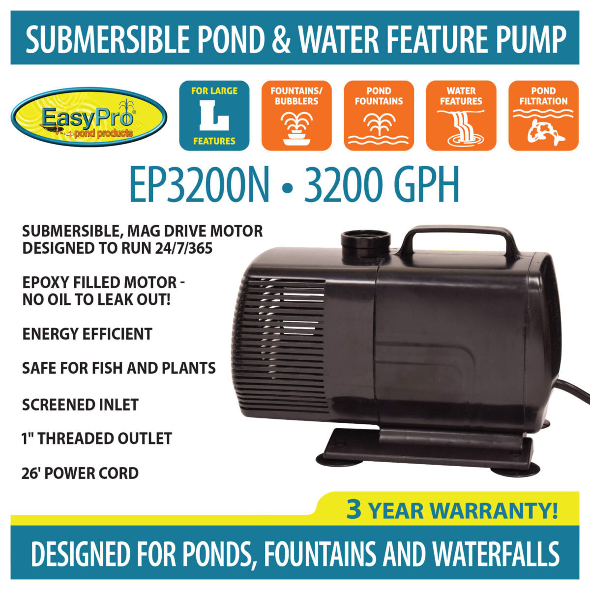 EasyPro Submersible Magnetic Drive Pump 3200 GPH EP3200N