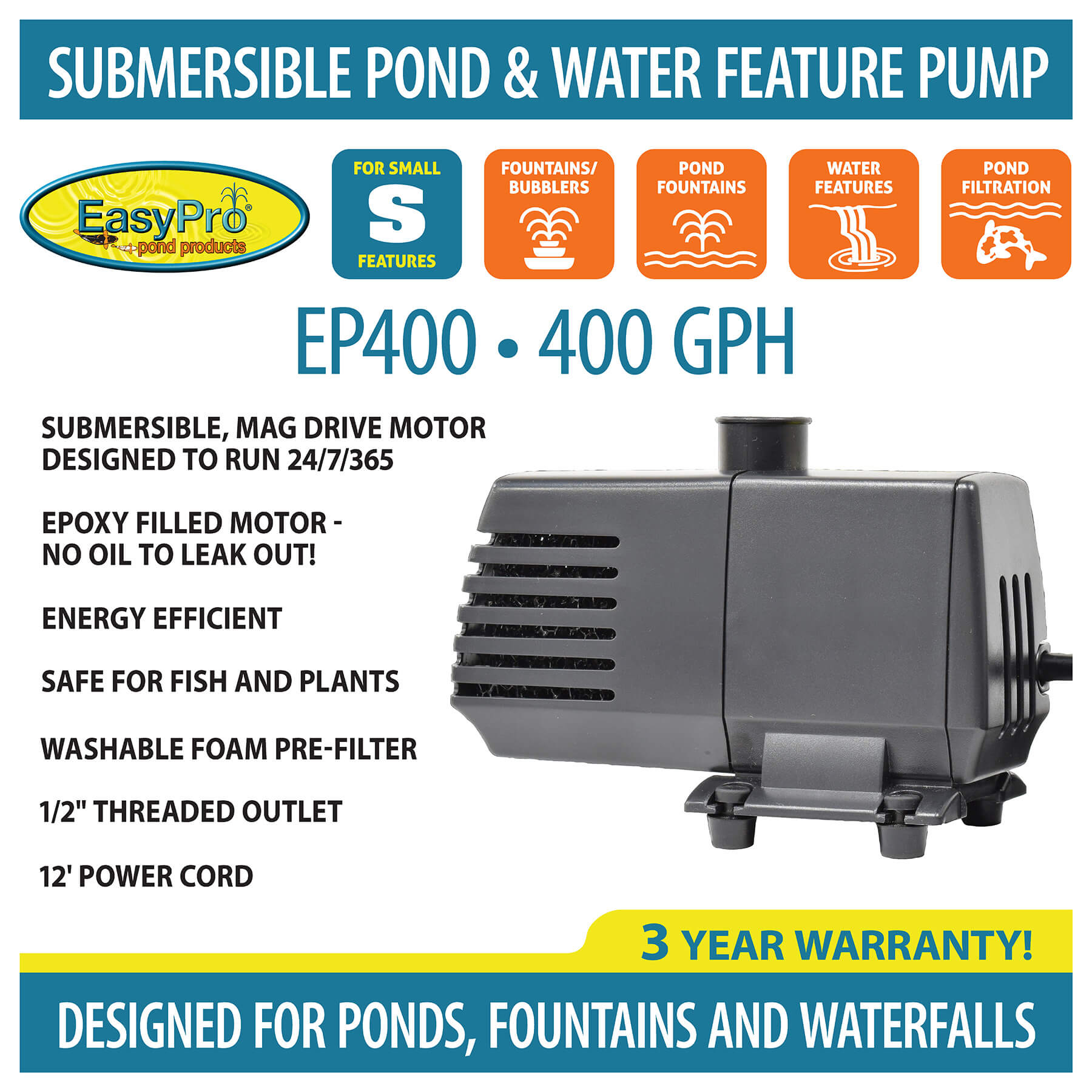 EasyPro Submersible Magnetic Drive Pump 400 GPH EP400