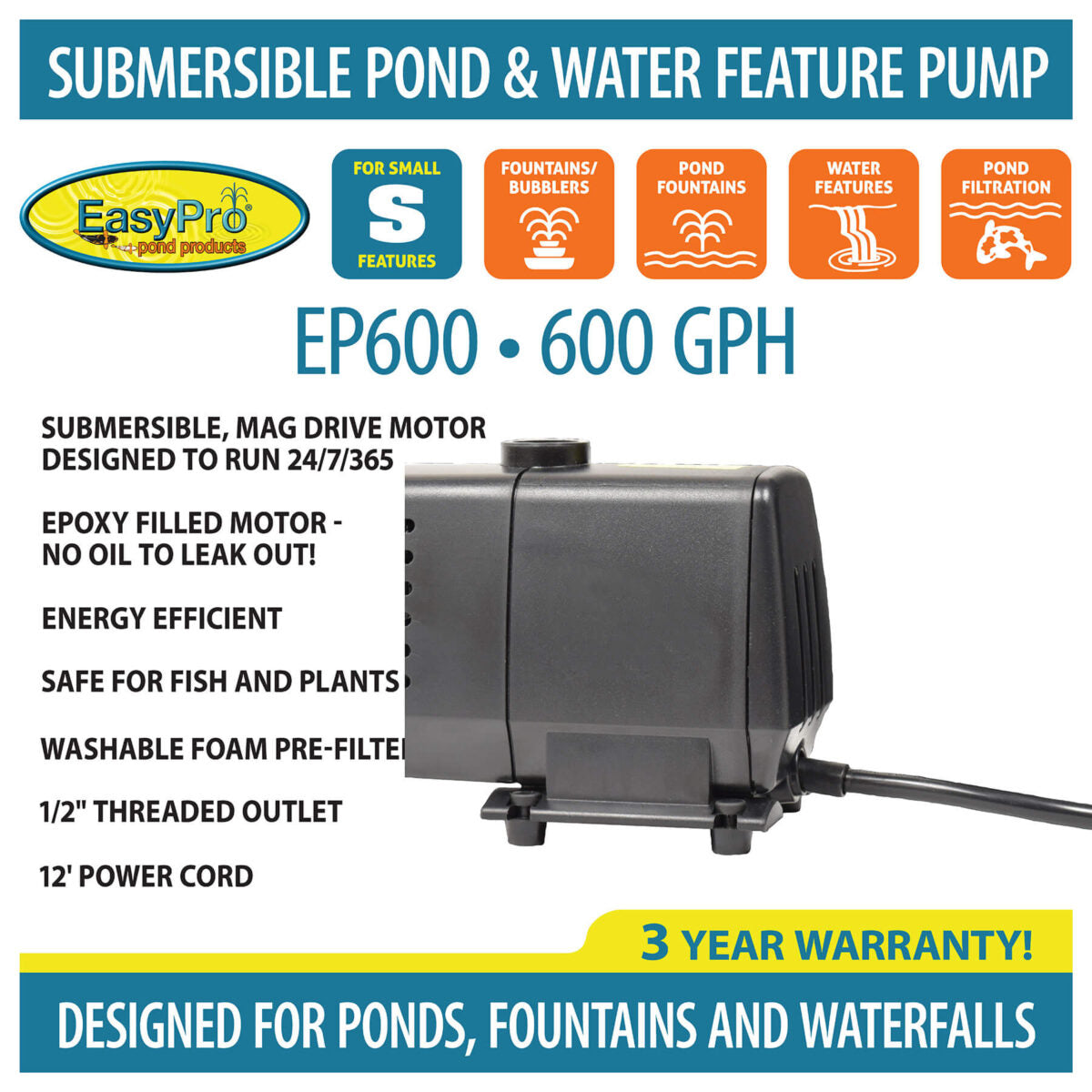 EasyPro Submersible Magnetic Drive Pump 600 GPH EP600