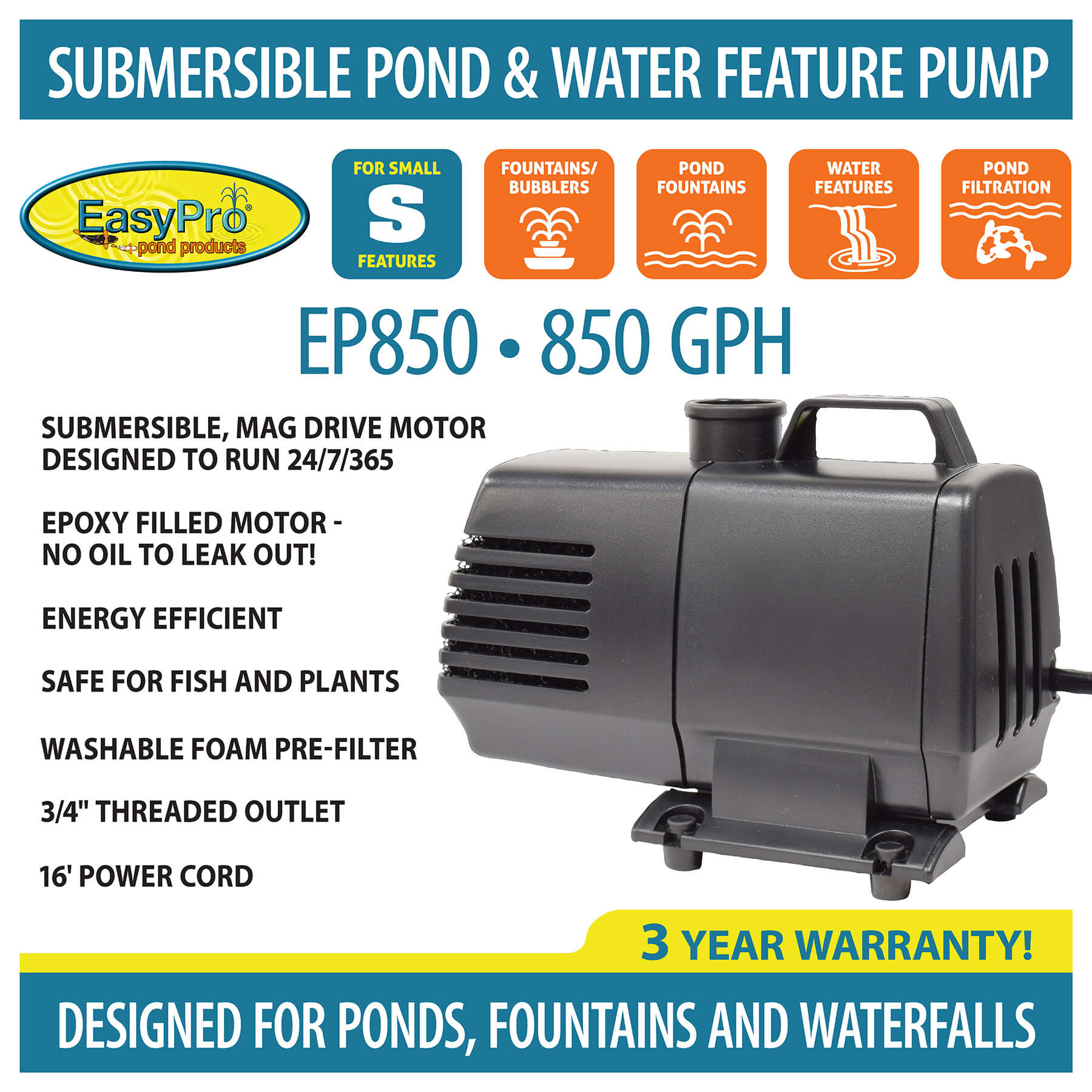 EasyPro Submersible Magnetic Drive Pump 850 GPH EP850