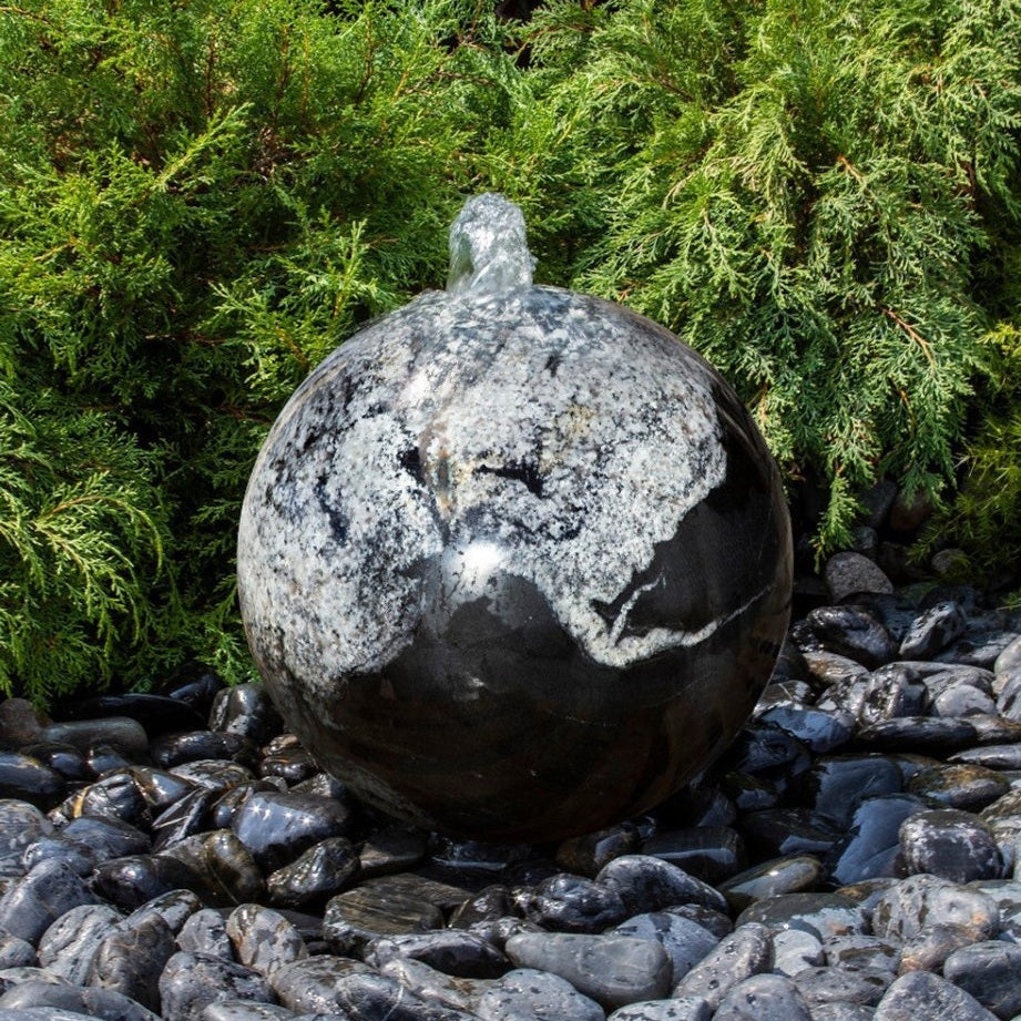 Blue Thumb Black Flower Granite Sphere Fountain ABART4216