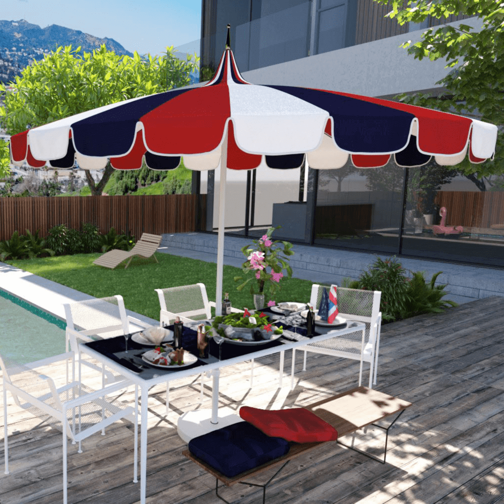 California Umbrella Tri-Color Pagoda Series 8.5 ft Residential Patio Umbrella - Patriotic Red, White, and Blue Pagoda Cut SMPT852174PD-5404-5439-5403-3AL-BND503016